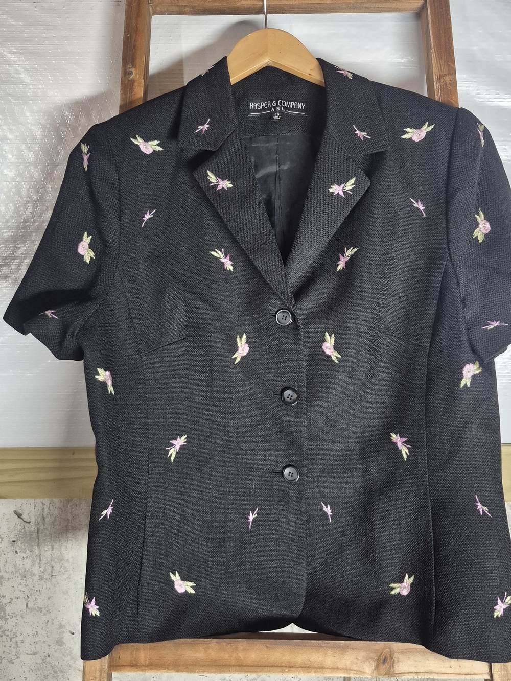 Kasper Black Short-Sleeve Embroidered Blazer with Pink Accents